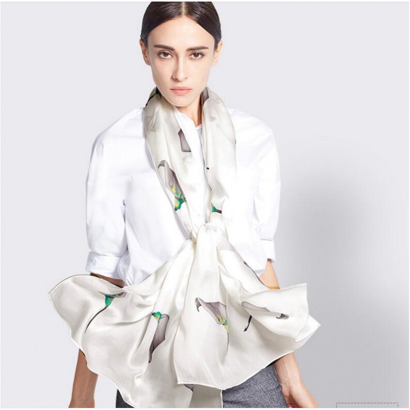 Pure Silk Scarf Gray Print Women Summer Scarf